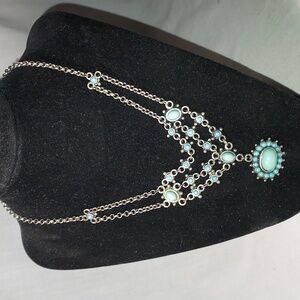 Vintage Avon Nina Ricci Faux Turquoise Multi Strand Design Necklace Silver Bib